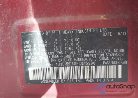 2014 Subaru Legacy 2.5I Premium z USA, uszkodzony, nr VIN 4S3BMBD68E3015990